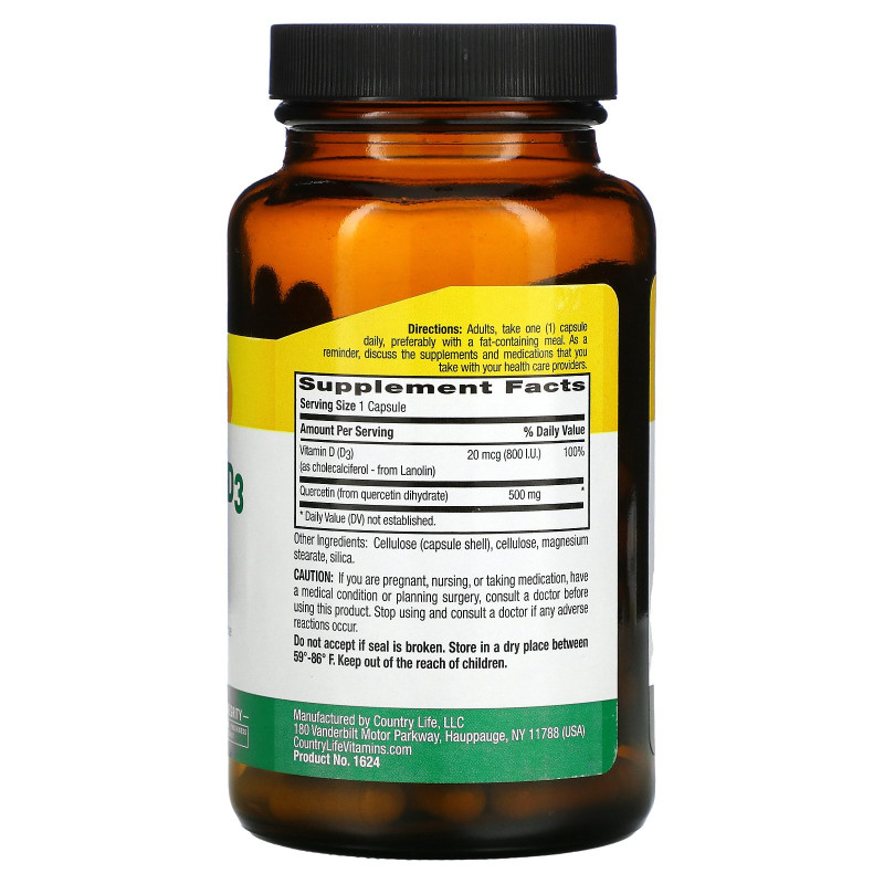 Country Life, Quercetin + D3, 90 Vegetarian Capsules