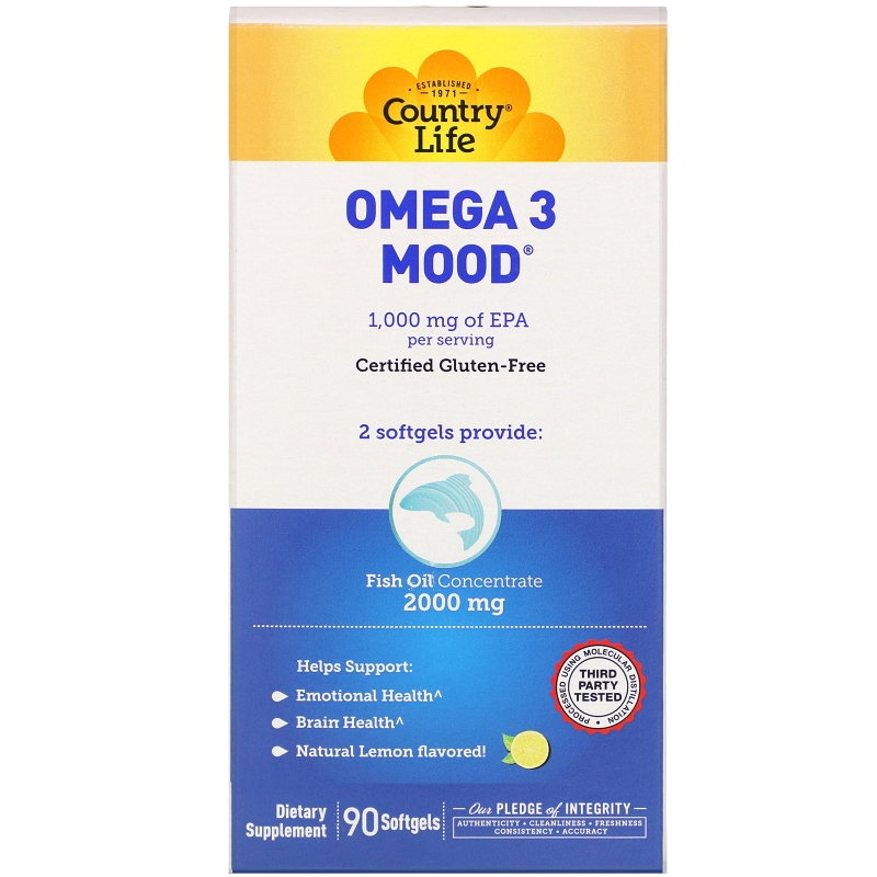 Country Life, Omega 3 Mood, с натуральным вкусом лимона, 90 желатиновых капсул