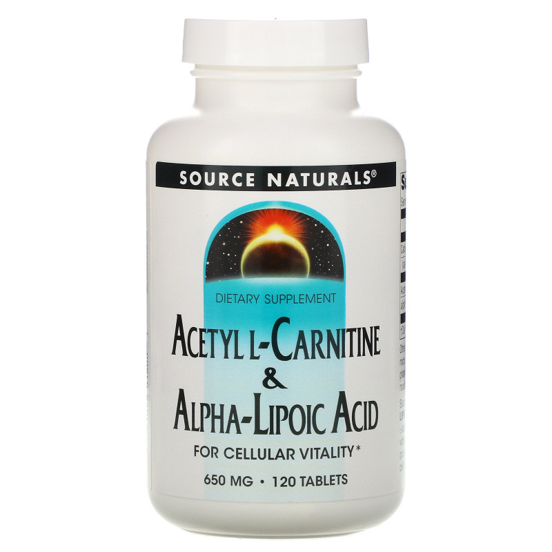 Source Naturals, Ацетил-L-карнитин и альфа-липоевая кислота, 650 мг, 120 таблеток