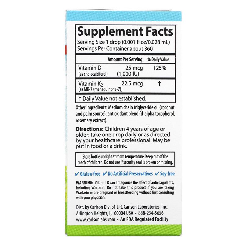 Carlson Labs, Kids, Super Daily D3+K2, 25 mcg (1,000 IU) & 22.5 mcg, 0.34 fl oz (10.16 ml)