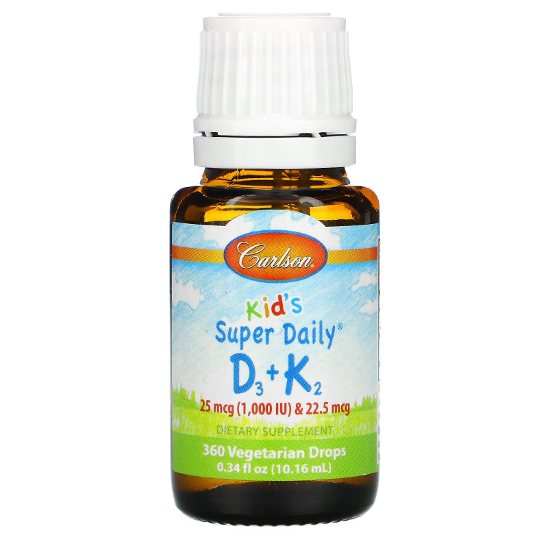 Carlson Labs, Kids, Super Daily D3+K2, 25 mcg (1,000 IU) & 22.5 mcg, 0.34 fl oz (10.16 ml)