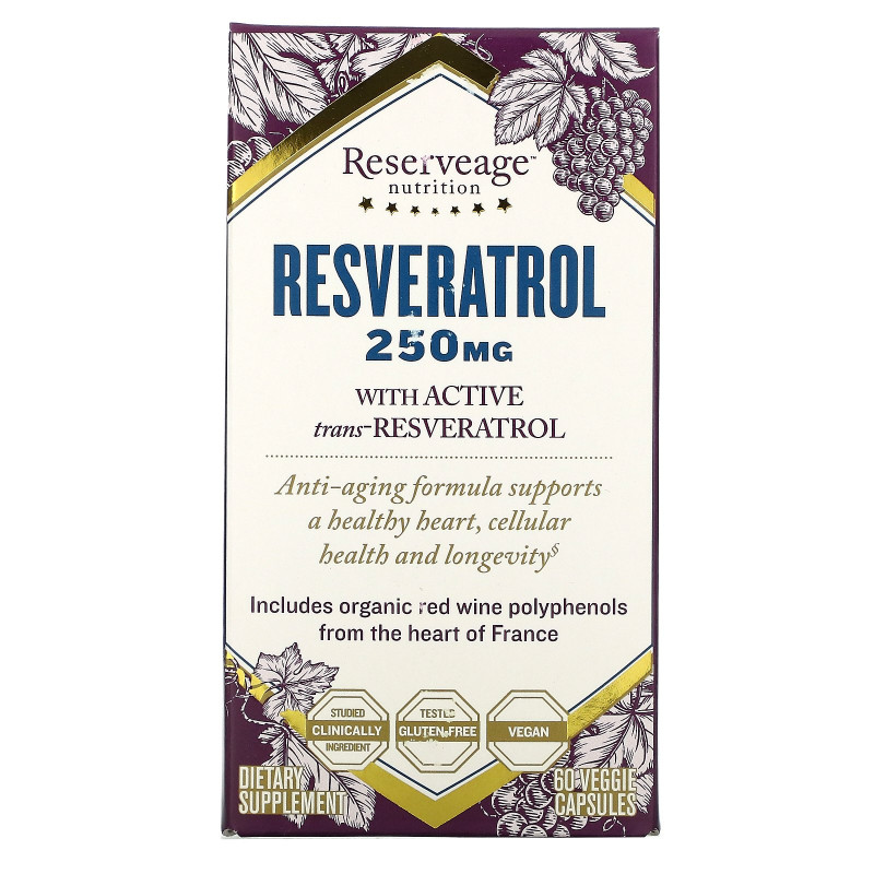 ReserveAge Nutrition, Ресвератрол, клеточная антивозрастная формула, 250 мг, 60 вегетарианских капсул