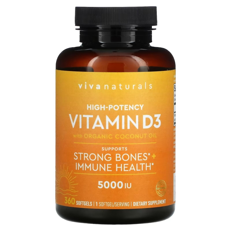 Viva Naturals, Vitamin D with Organic Coconut Oil, High-Potency, 5,000 IU, 360 Softgels