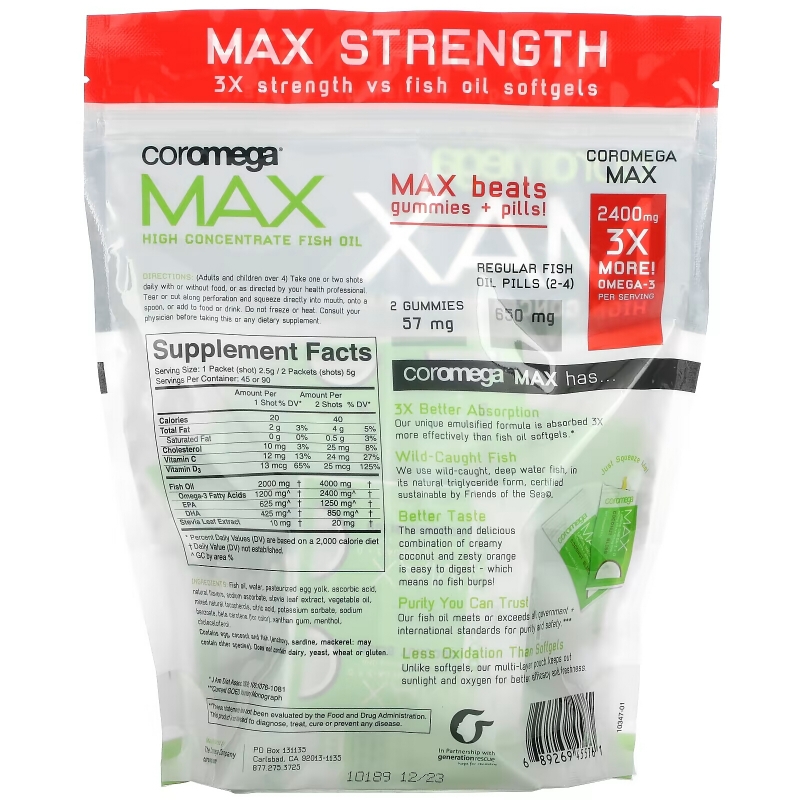 Coromega, Max High Concentrate Omega-3 Fish Oil, Coconut Bliss, 90 Squeeze Shots, 2.5 g Each