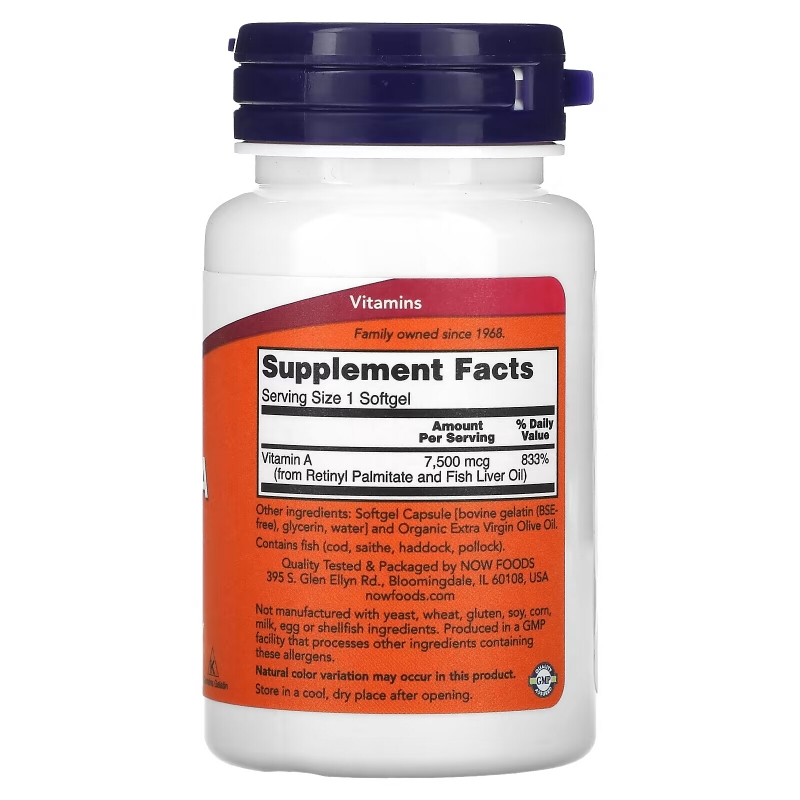 NOW Foods, Vitamin A, 7,500 mcg (25,000 IU), 100 Softgels