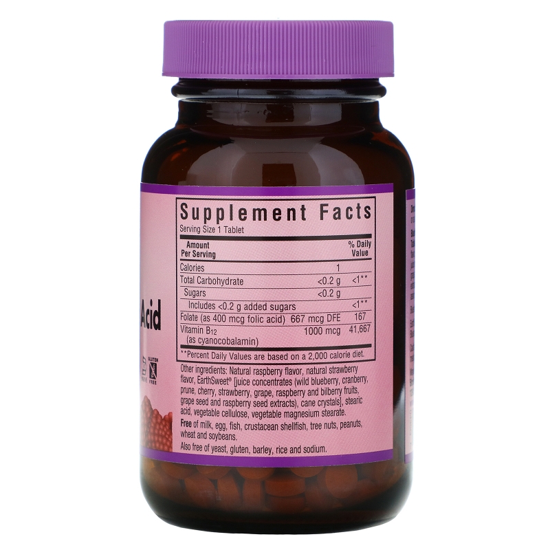 Bluebonnet Nutrition EarthSweet Vitamin B-12 & Folic Acid Natural Raspberry Flavor 180 Chewable Tablets