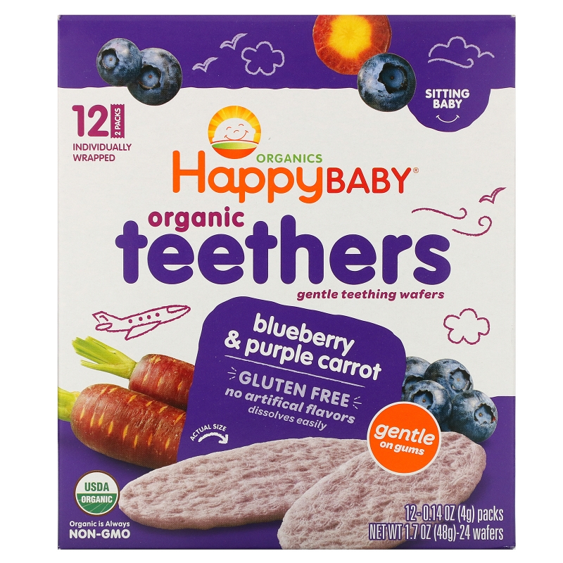 Nurture Inc. (Happy Baby) Gentle Teethers Organic Teething Wafers Blueberry & Purple Carrot 12- (2 Packs) 0.14 oz (4 g) Each