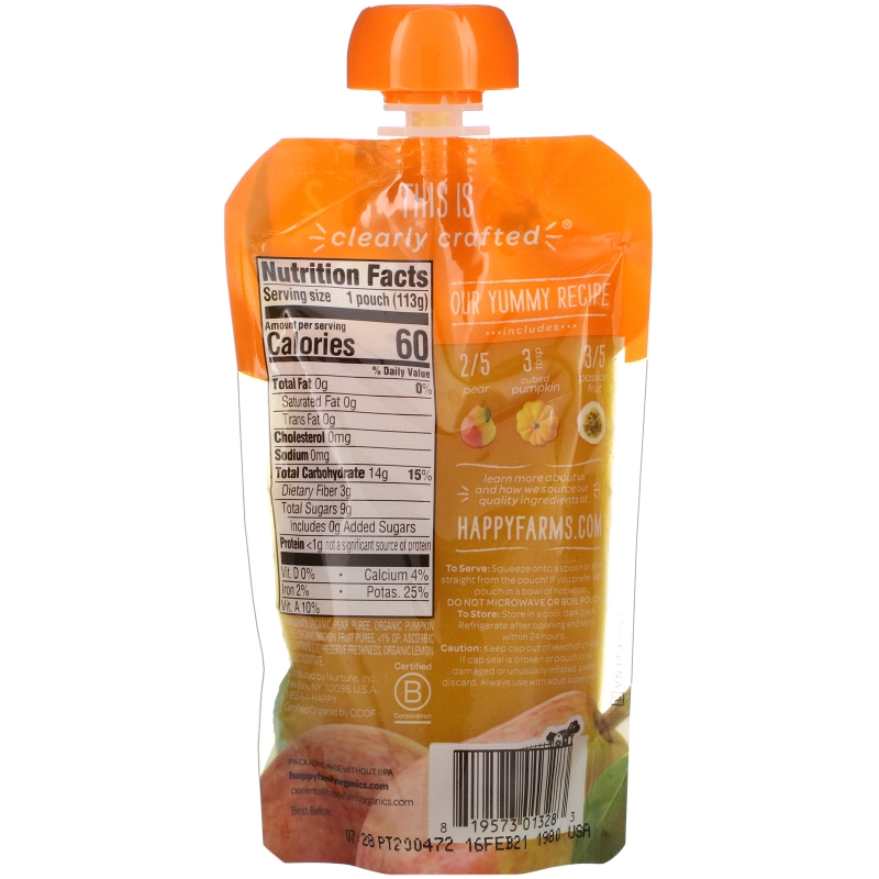 Nurture Inc. (Happy Baby), Organic Baby Food, Stage 2, 6+ Months, Pears, Pumpkin, & Passion Fruit, 4.0 oz (113 g)