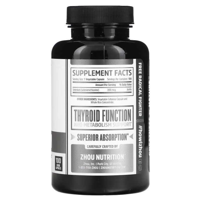 Zhou Nutrition, Селен, незаменимый микроэлемент, 200 мкг, 100 вегетарианских капсул