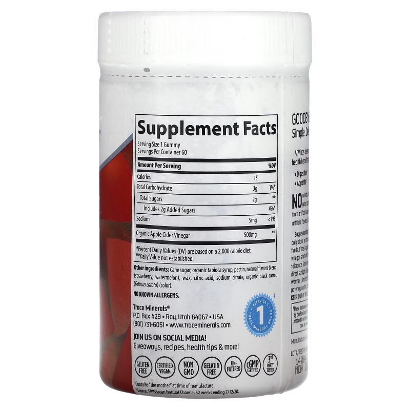 Trace Minerals Research, Apple Cider Vinegar Gummies, Strawberry Melon Flavor, 500 mg, 60 Gummies