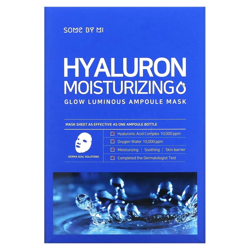 Some By Mi, Hyaluron Moisturizing, увлажняющая тканевая маска с гиалуроновой кислотой для сияния кожи, 10 шт. по 25 г