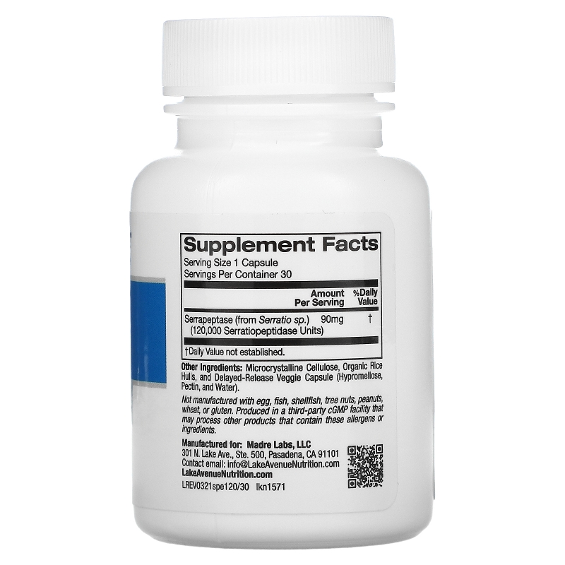 Lake Avenue Nutrition, Serrapeptase, Proteolytic Enzyme, 120,000 SPUs, 30 Veggie Capsules