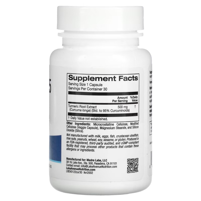 Lake Avenue Nutrition, Curcumin 95, 500 mg, 30 Veggie Capsules